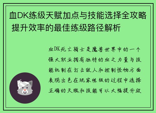 血DK练级天赋加点与技能选择全攻略 提升效率的最佳练级路径解析
